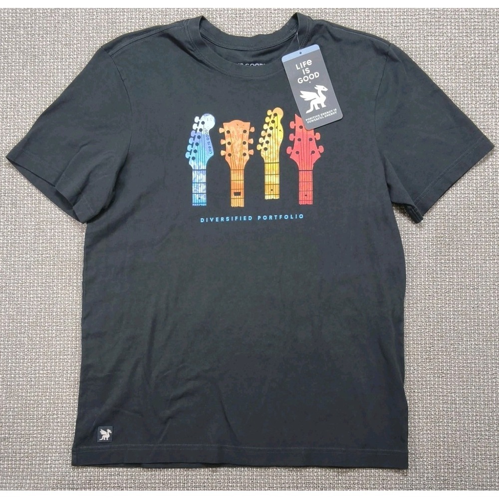 NWT Life Is Good Diversified Portfolio Guitars Crusher T-Shirt Men's Black New